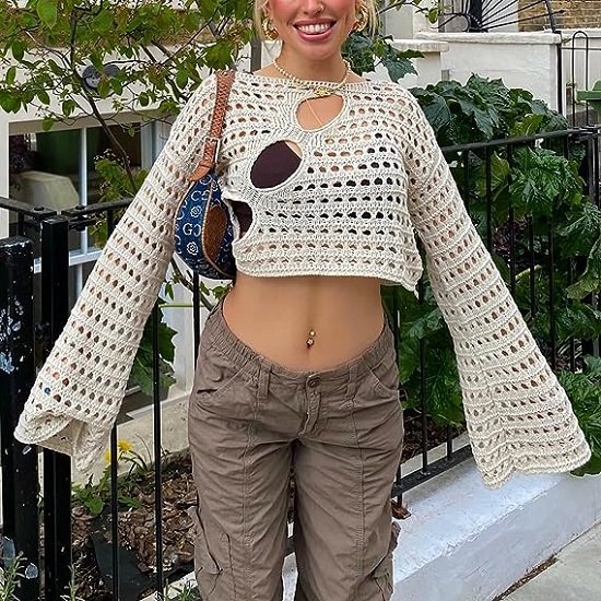 Women's Openwork Crochet Knit Cropped Tops Long Sleeve Autumn Sweater Tops