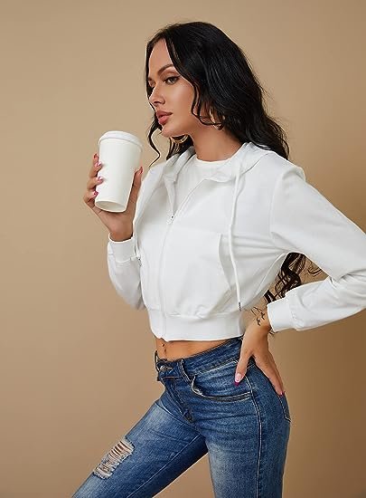 Women's Zipper Hoodie Cropped Cardigan Jacket Drawstring Hoodie Casual Sweatshirt